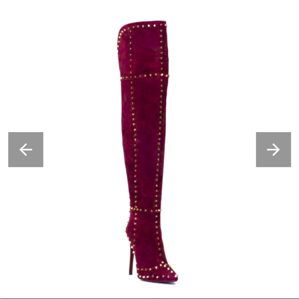 Burgundy studded thigh high stiletto boots